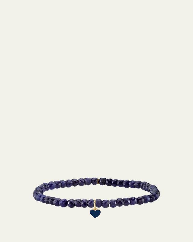 14K Yellow Gold Blue Enamel Heart Charm on Sapphire Beaded Bracelet